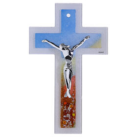 Cruz 34x20 cm em vidro de Murano decorada com corpo moderno prateado