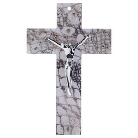Crucifix mural en verre blanc motif filet corps moderne argenté 34x21 cm
