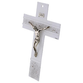 White glass crucifix with metal body and platinum threads, 13x9 in