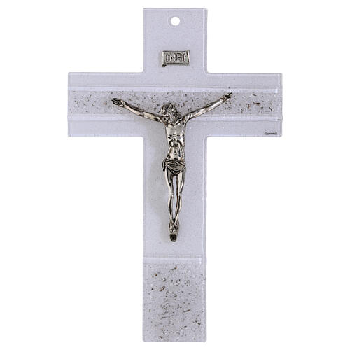 Crucifijo de vidrio blanco cuerpo metal con filamentos de platino 34x22 cm 1