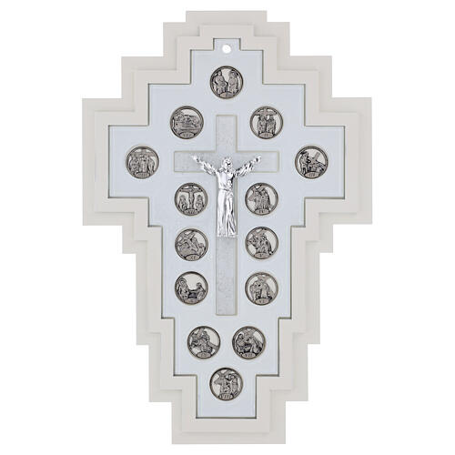 Crucifixo Via Sacra em madeira e vidro com Cristo ressuscitado 38x24 cm 1