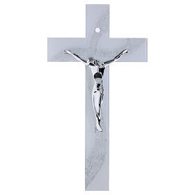 Glass cross with glitter wave, modern silver body, 18.5x10 in