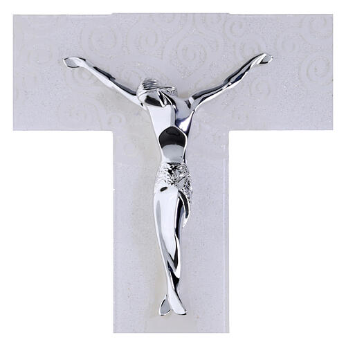 White glass cross decorated with Tree of Life, modern silver body, 18.5x12 in 2