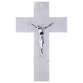Cruz de vidro branco decorada com Árvore da Vida e corpo prateado moderno 47x30 cm
