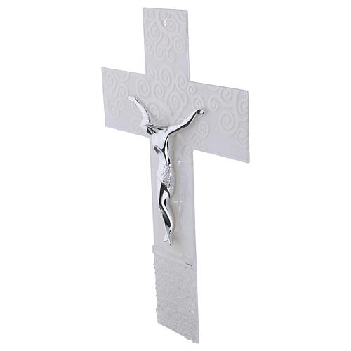 Cruz de vidro branco decorada com Árvore da Vida e corpo prateado moderno 47x30 cm 3
