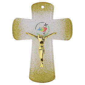 Croce in vetro bianco Giubileo 2025 glitter e corpo moderno dorato 16x12 cm