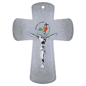 White glass Jubilee 2025 cross with modern silver body and glitter, 6x5 in