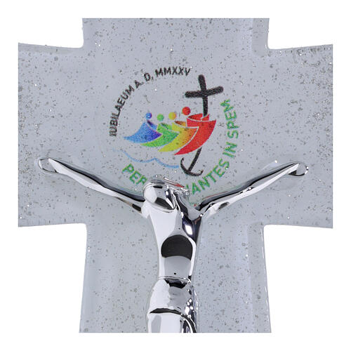 White glass Jubilee 2025 cross with modern silver body and glitter, 6x5 in 2