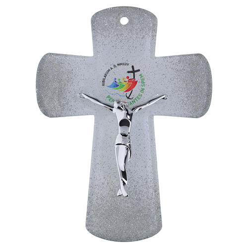 Croce in vetro bianco Giubileo 2025 glitter e corpo moderno argentati 16x12 cm 1