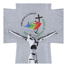 Cruz em vidro branco Jubileu 2025 com purpurina e design moderno prateado 16x12 cm