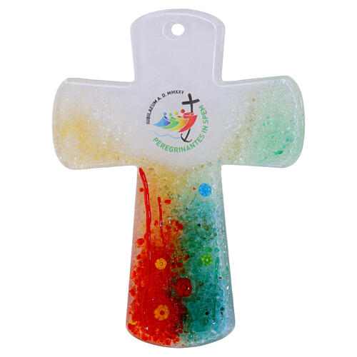 Jubiläumskreuz 2025 Muranoglas mit Dekoren und mehrfarbigen Murrinen 16x12 cm 1