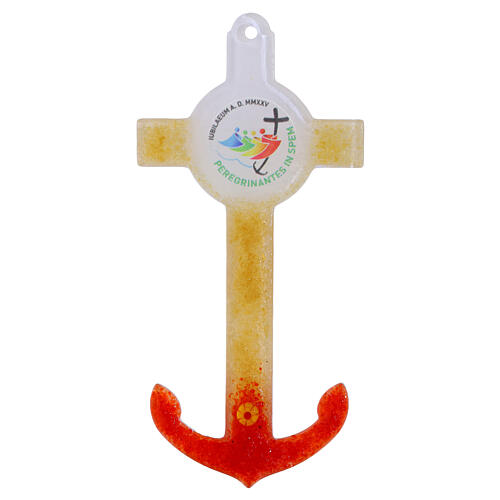 Krzyż kotwica Jubileusz 2025 białe szkło Murano z kolorowymi wzorami, 16x8 cm 1