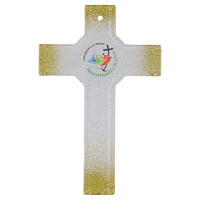 White glass cross with Jubilee 2025 logo and gold glitter ends, 6x4 in