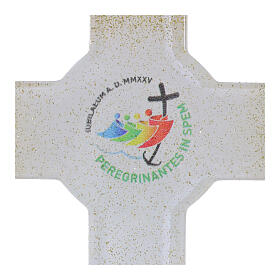 White glass cross with Jubilee 2025 logo and gold glitter ends, 6x4 in
