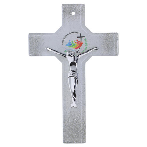 Croce cerchio Giubileo 2025 glitter corpo moderno argento 16x10 cm 1