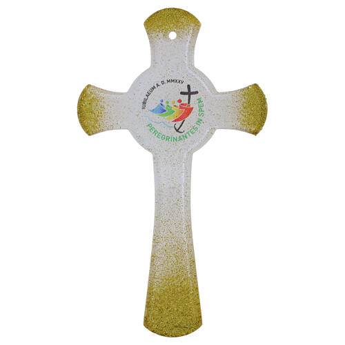 Croix cercle verre blanc paillettes or Jubilé 2025 21x12 cm 1