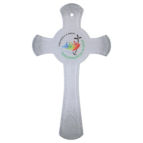 Cruz círculo vidrio purpurina Jubileo 2025 blanca plata 21x12 cm 1