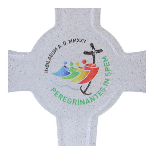 Cruz círculo vidrio purpurina Jubileo 2025 blanca plata 21x12 cm 2