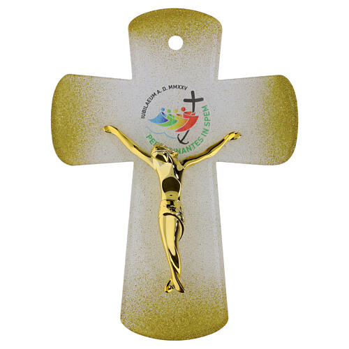 White glass Jubilee 2025 cross with gold body of Christ and glitter, 10x8 in 1