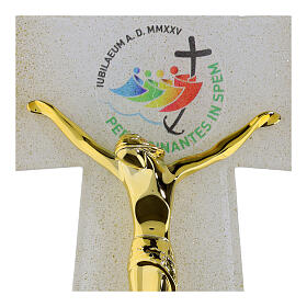 Cruz vidrio blanco Jubileo 2025 cuerpo y motivos dorados 25x20 cm