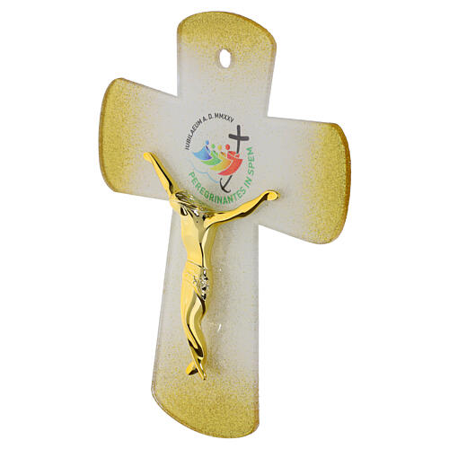 Cruz vidrio blanco Jubileo 2025 cuerpo y motivos dorados 25x20 cm 3