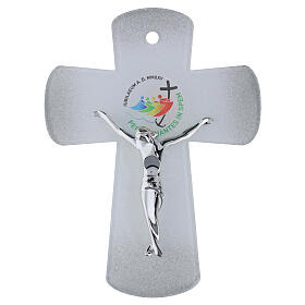 Crucifijo vidrio Jubileo 2025 purpurina y cuerpo estilizado plata 25x20 cm