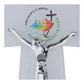 Crucifijo vidrio Jubileo 2025 purpurina y cuerpo estilizado plata 25x20 cm