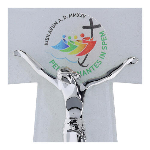 Crucifijo vidrio Jubileo 2025 purpurina y cuerpo estilizado plata 25x20 cm 2