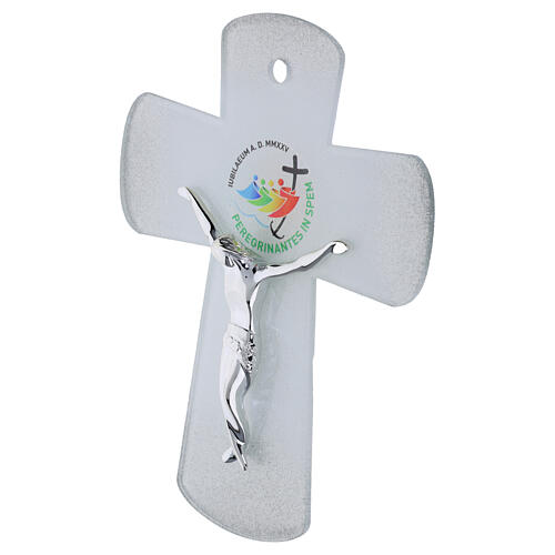 Crucifijo vidrio Jubileo 2025 purpurina y cuerpo estilizado plata 25x20 cm 3