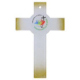 Kreuz 26x17 cm aus Weißglas mit goldglitzerndem Jubiläumslogo 2025