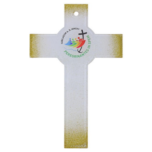 White glass cross with gold glitter and Jubilee 2025 logo, 10x7 in 1