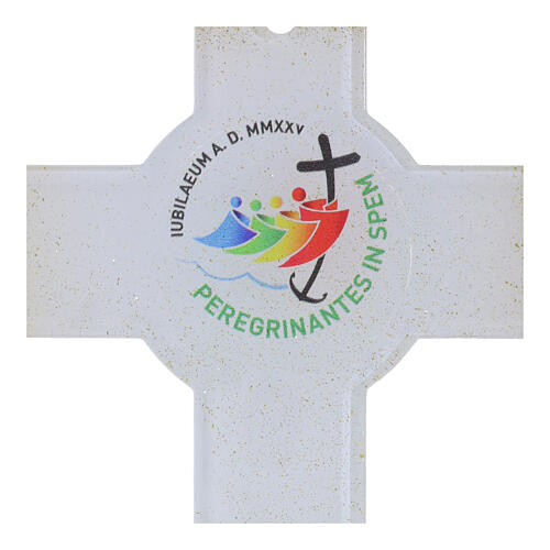 Krzyż okrąg 26x17 cm, białe szkło i złoty brokat, Jubileusz 2025 2