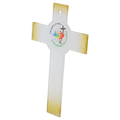 Cruz círculo 26x17 cm vidro branco purpurina ouro Jubileu 2025 3