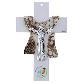 Jubilee 2025 white glass crucifix with Risen Christ, 10x7 in