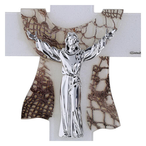 Cruz Jubileu 2025 vidro branco Cristo ressuscitado 26x17 cm 2