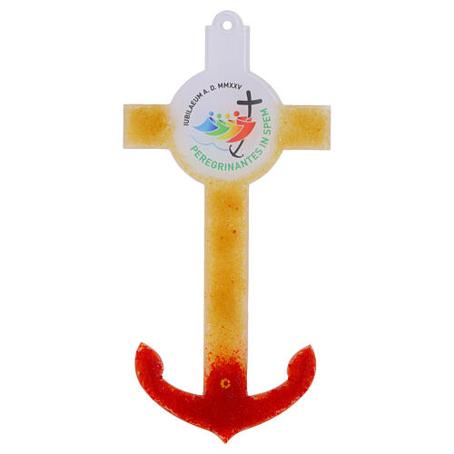 Croce Ancora in vetro di Murano Giubileo 2025 decoro giallo e rosso 34x16 cm 1