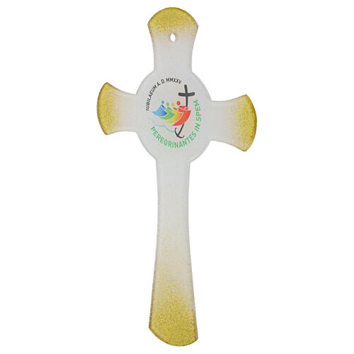 Cruz círculo vidrio blanco purpurina oro Jubileo 2025 34x20 cm 3