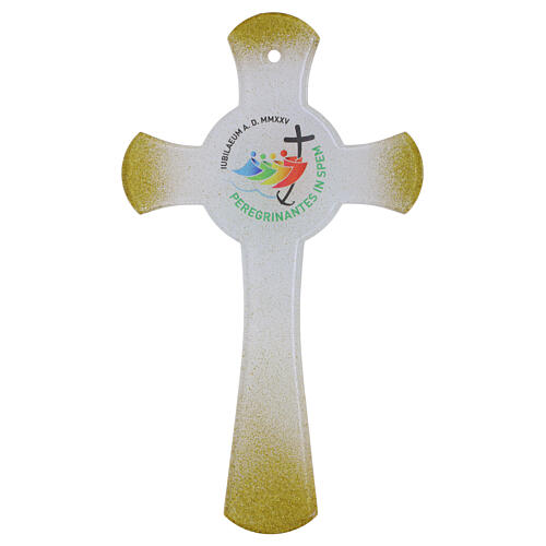 White Glass Circle Cross with Gold Glitter Jubilee 2025, 34x20 cm 1