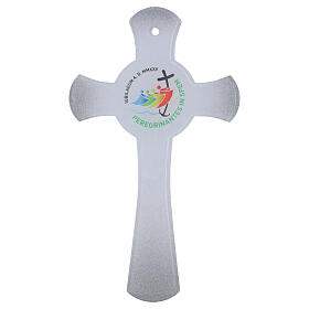 Silver Glitter Circle Cross Jubilee 2025 in White Glass, 34x20 cm