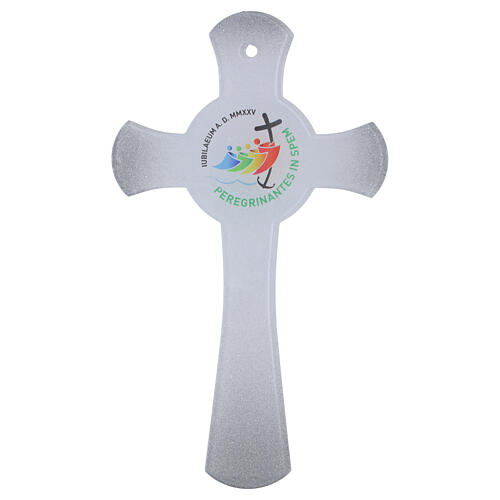 Silver Glitter Circle Cross Jubilee 2025 in White Glass, 34x20 cm 1