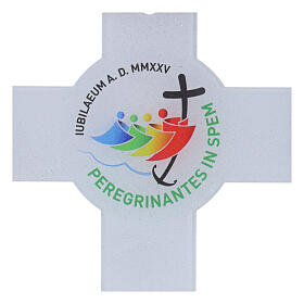 Weißes Kreuz aus Glas mit Glitzer Jubiläum 2025 47x30 cm