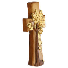 Croix en bois d'érable Arbre de Vie Val Gardena finition colorée avec feuille d'or
