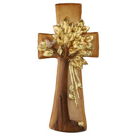 Croce in legno d'acero Albero della Vita Val Gardena colorato foglia oro
