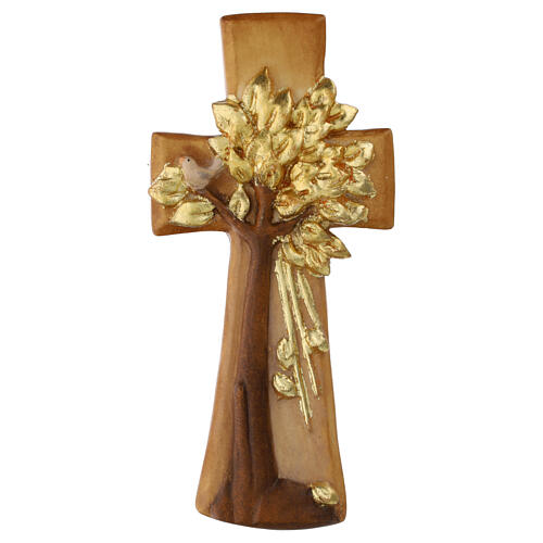 Croce in legno d'acero Albero della Vita Val Gardena colorato foglia oro 1