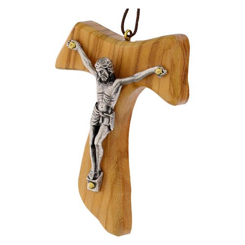 Croce Tau in ulivo nazionale 9x6 cm con corpo metallo 2