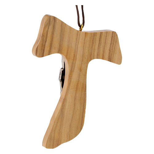 Croce Tau in ulivo nazionale 9x6 cm con corpo metallo 3