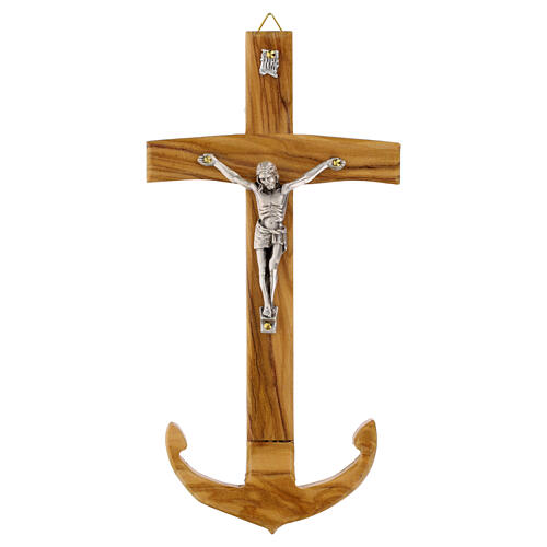Anchor of Salvation Cross in Italian Olive Wood with Metal Christ Body, 20x10 1