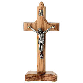 Cruz de mesa em madeira de oliveira italiana com corpo de metal 15x6 cm