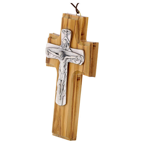 Krzyż z drewna oliwnego, z aplikacją Trójcy Świętej z metalu, 13 × 8 cm 2