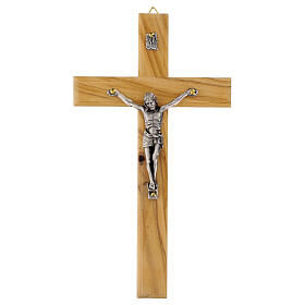 Cruz em madeira de oliveira italiana com corpo em metal 18x10 cm
